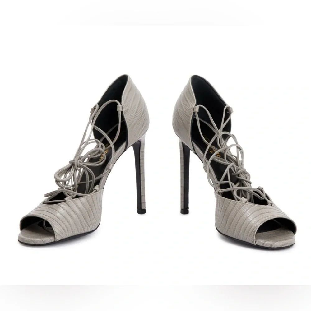 Saint Laurent Embossed Leather Gladiator Open Toe Heels Gray lace up ankle Wrap - Picture 9 of 10